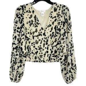 Japna Womens Crop Top Blouse‎ Medium Long Sleeve Animal Print V Neck